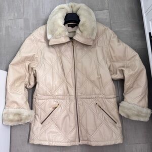 Leather Fur Trim Coat Size Medium Cream